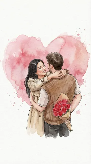 Romantic watercolor couple hug