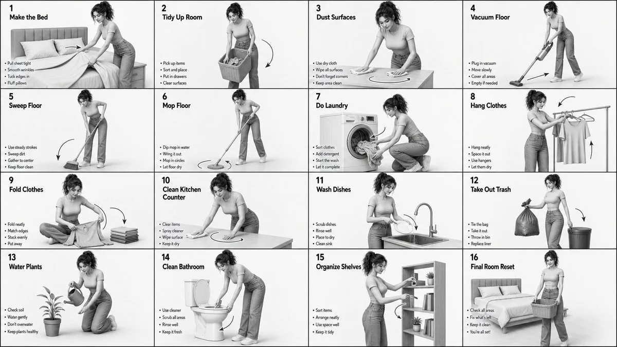 Grayscale storyboard for household chores — Sonra