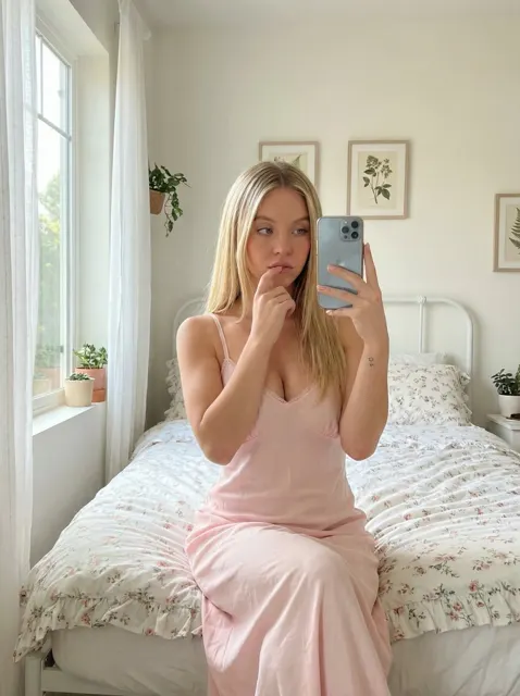 Soft morning bedroom mirror selfie