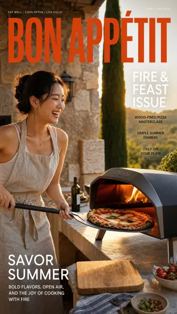 Ultra realistic outdoor food lifestyle magazine cover korean woman pizza oven