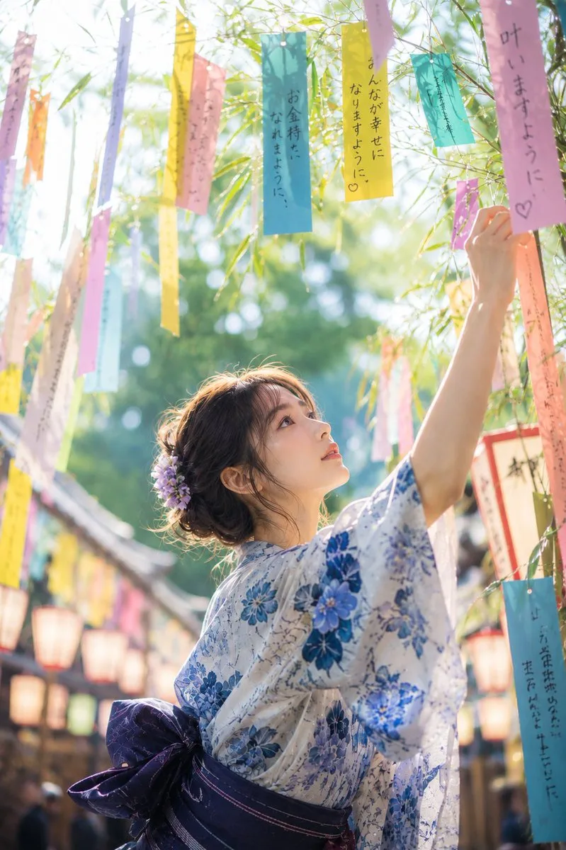 Tanabata morning shrine yukata girl wishing — After