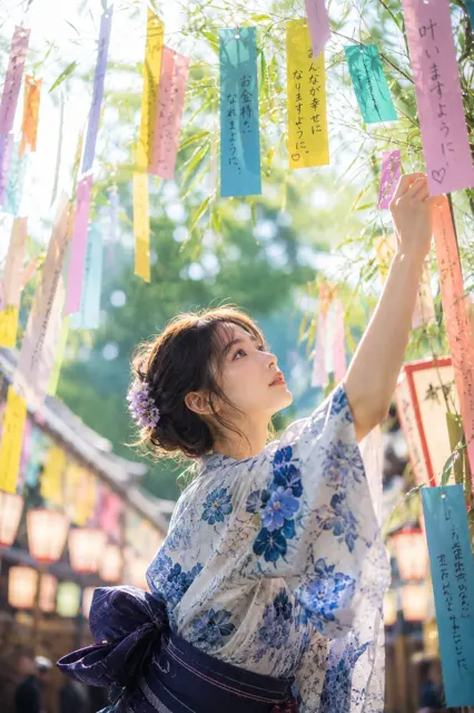 Tanabata morning shrine yukata girl wishing