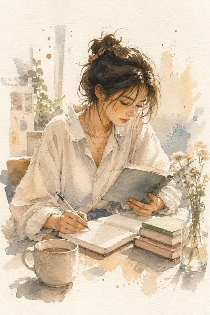 Minimalist watercolor anime woman reading journaling