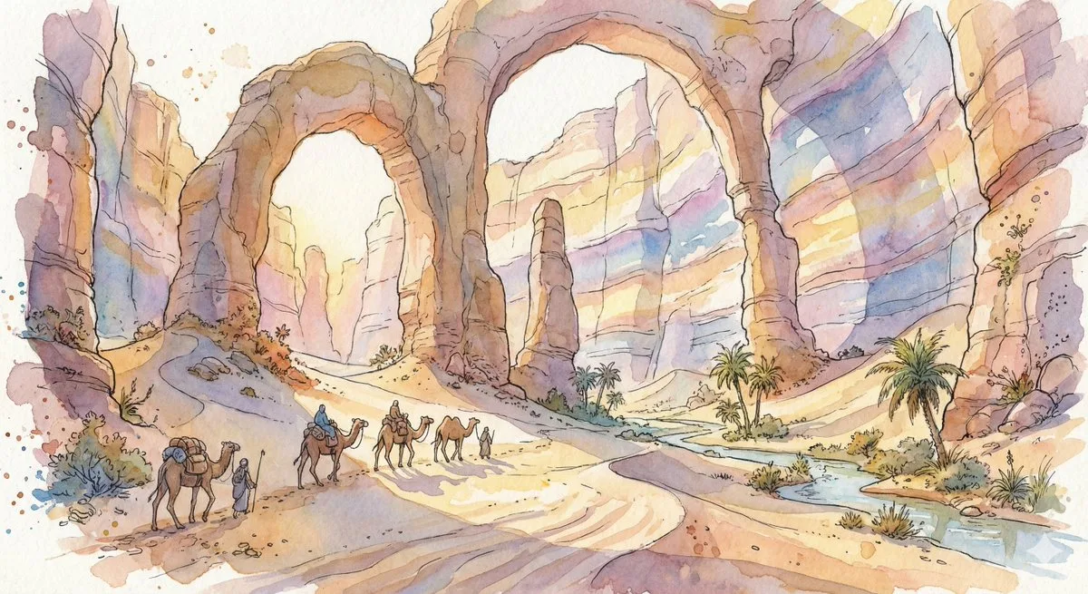 Fantasy watercolor desert caravan — After