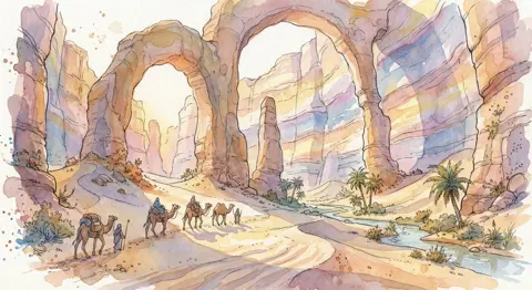 Fantasy watercolor desert caravan
