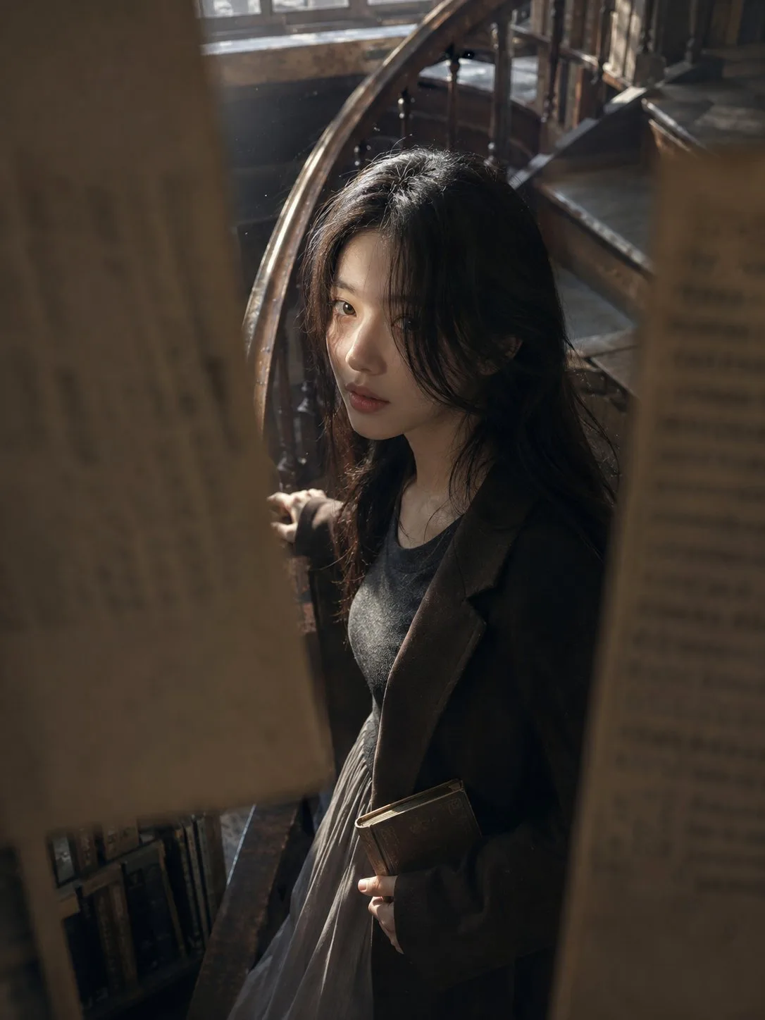 Korean woman old bookstore spiral staircase portrait — After