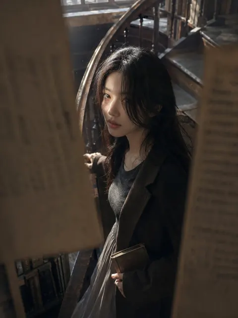 Korean woman old bookstore spiral staircase portrait