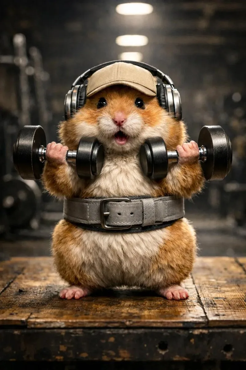 Cinematic realistic hamster gym — Sonra