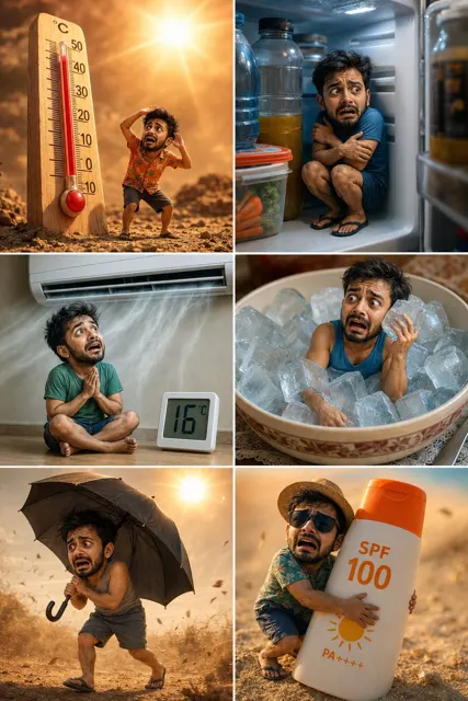 Ultra realistic miniature man summer heat collage