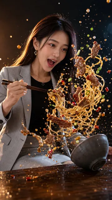 High speed cinematic beef noodle explosion photography