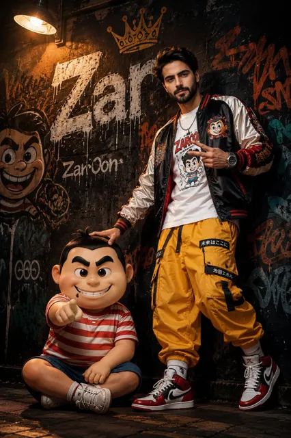 Zar and cartoon character streetwear editorial