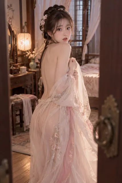 Chinese cute beauty black sheer hanfu bare back