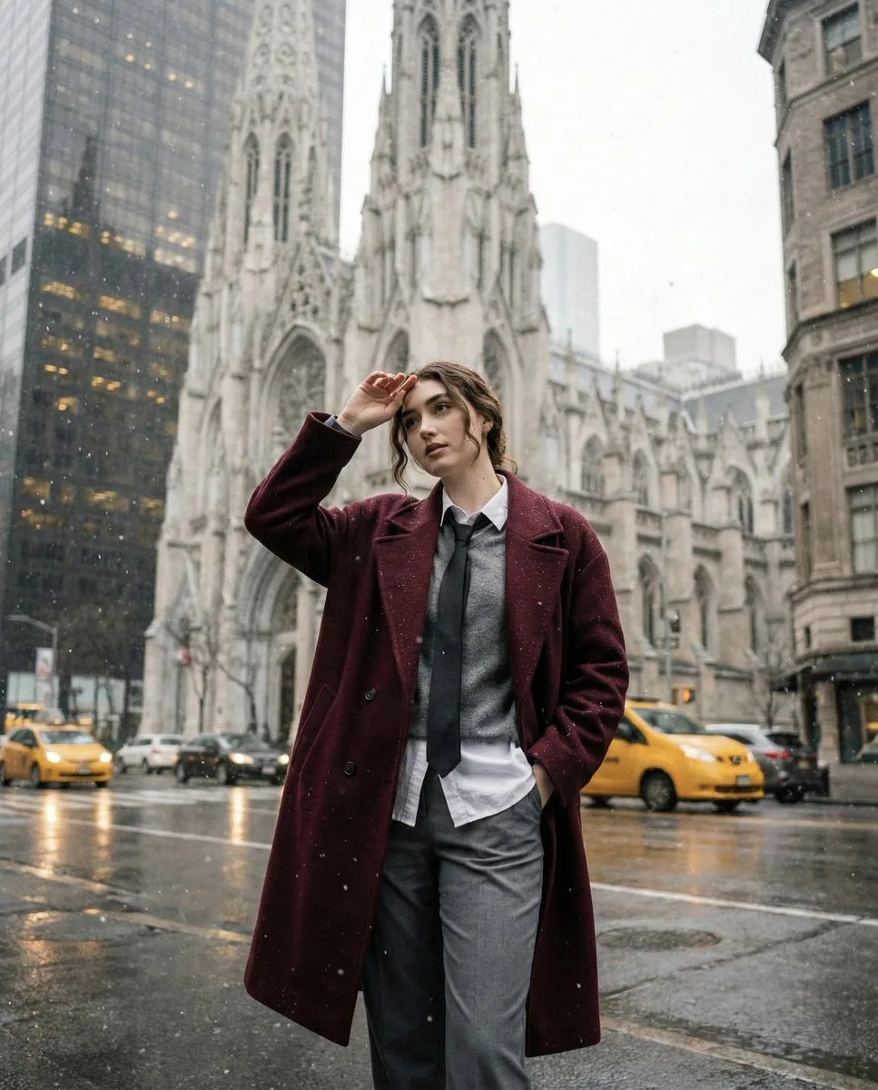 Snowy street burgundy coat girl — After