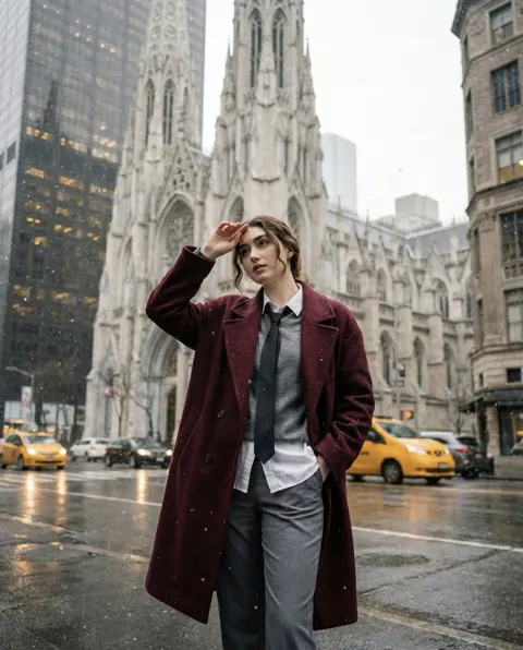 Snowy street burgundy coat girl
