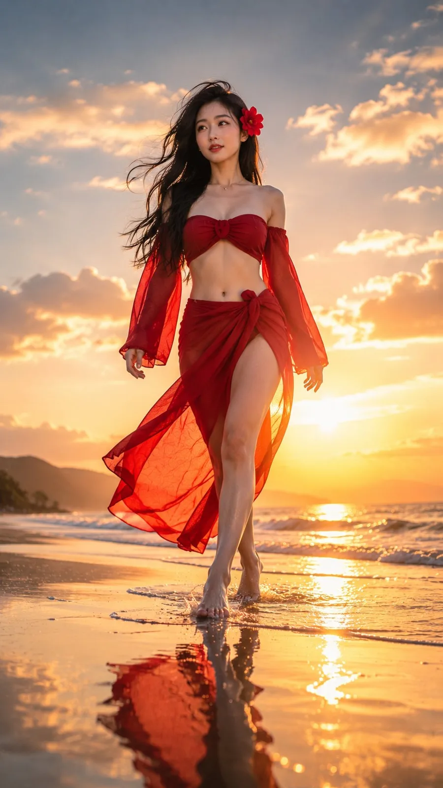 Premium beach editorial portrait east asian woman sunset — After