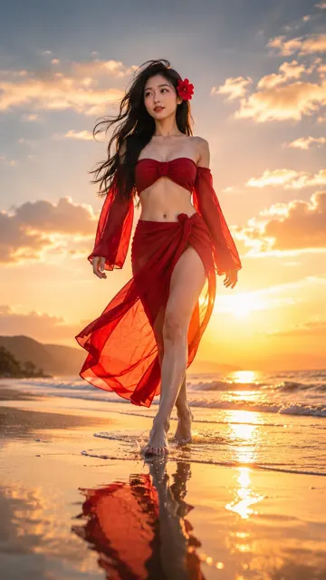 Premium beach editorial portrait east asian woman sunset