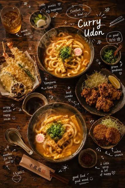 Cinematic japanese curry udon journal doodles food photography