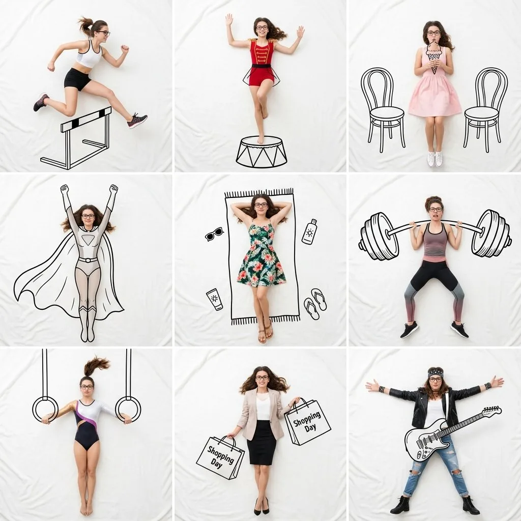 Creative 3x3 woman doodle collage photography — Sonra