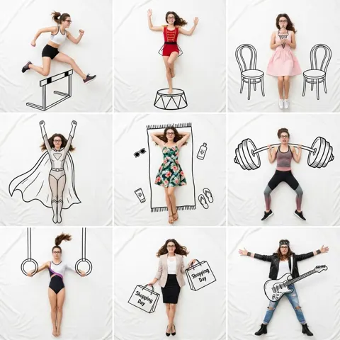Creative 3x3 woman doodle collage photography