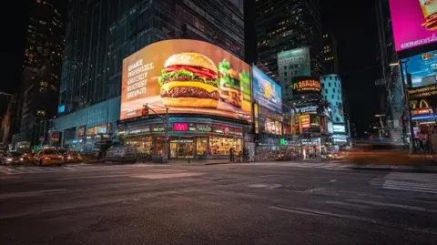 Neon food billboard rainy night