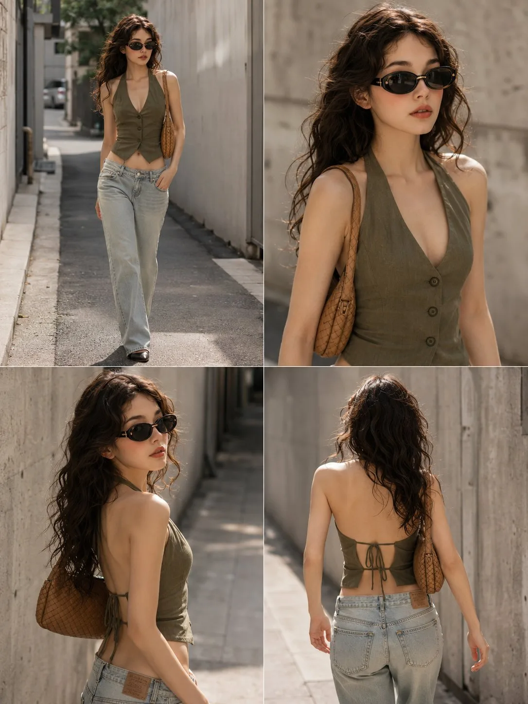 Korean street fashion olive green backless top denim — After