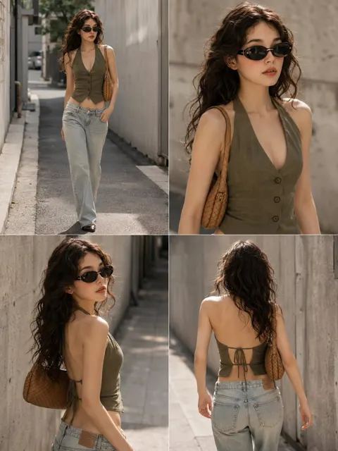 Korean street fashion olive green backless top denim