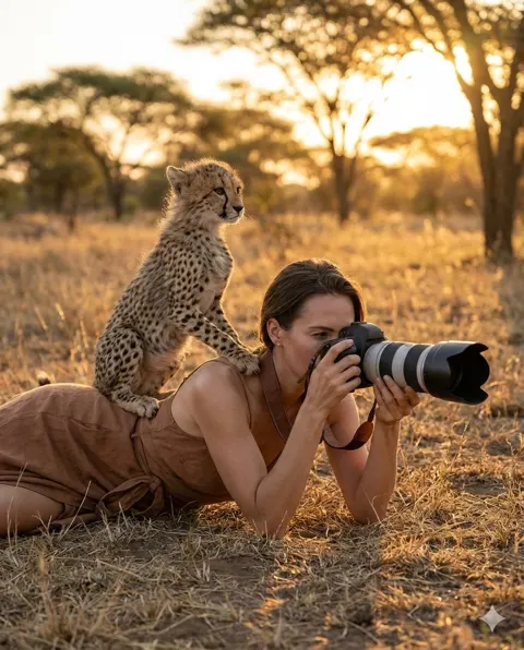 Female photographer cheetah cub savannah