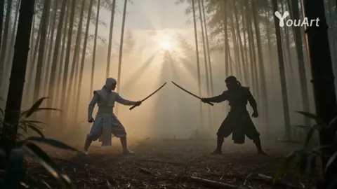Epic ninja duel in bamboo forest