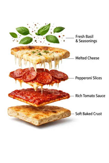 Ultra realistic commercial rotating pizza deconstruction