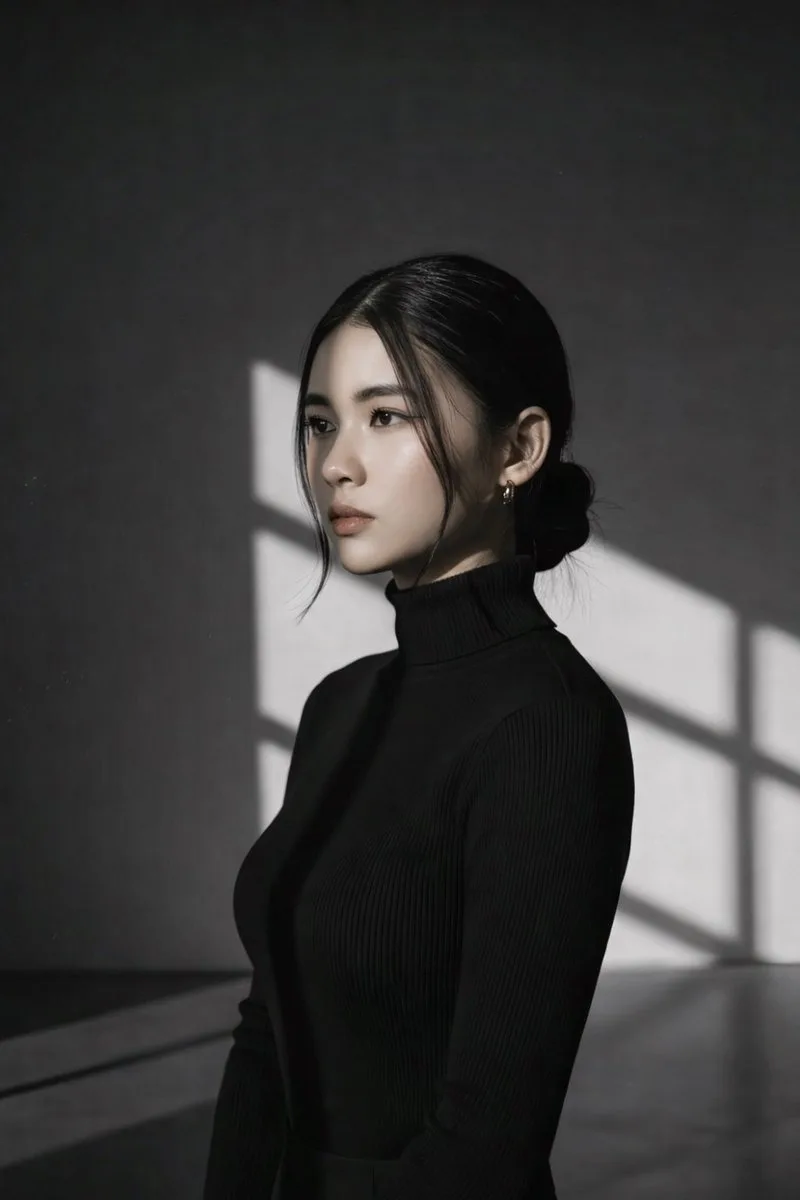 Geometric lighting bw turtleneck girl — After