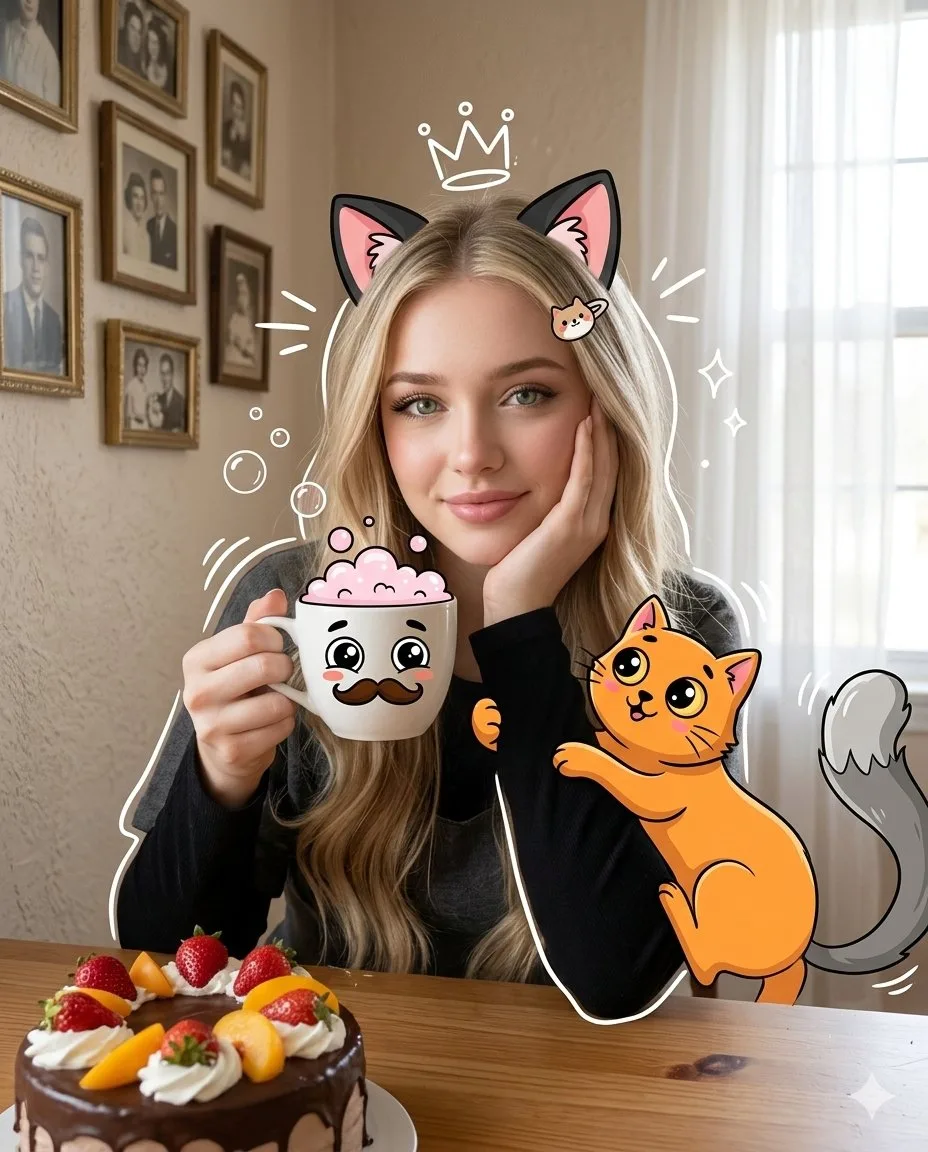 Dreamy girl cartoon cat cozy afternoon — Sonra