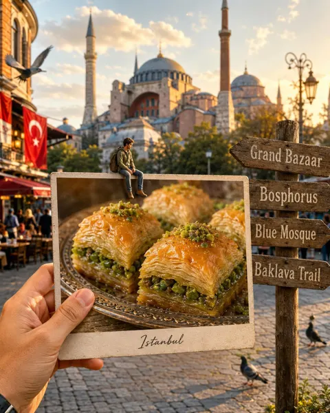 Hyper realistic travel food postcard scene