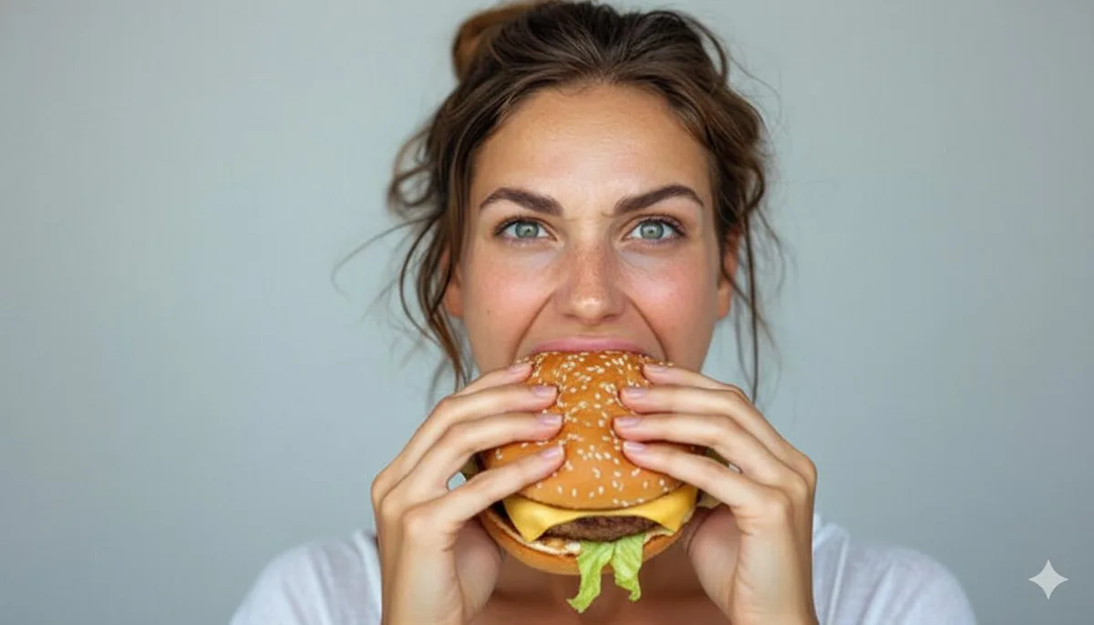 Greedy girl stuffing burger — Sonra