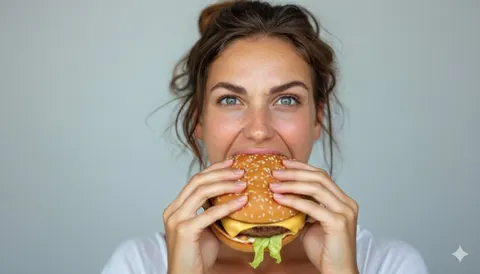 Greedy girl stuffing burger
