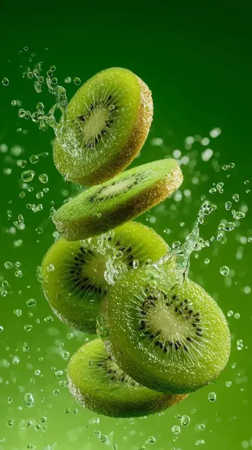 Fresh green kiwi water splash macro