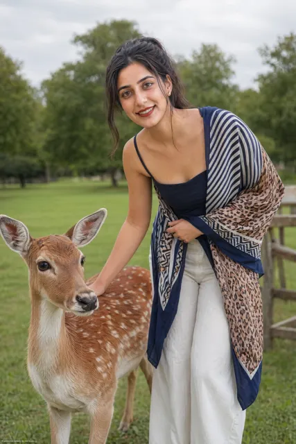 Woman petting fallow deer outdoor portrait