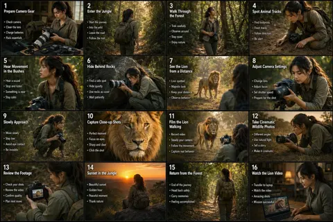 Storyboard infographic of lion shooting adventure in forest