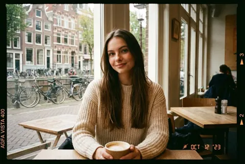 Portrait in Amsterdam cafe photo prompt