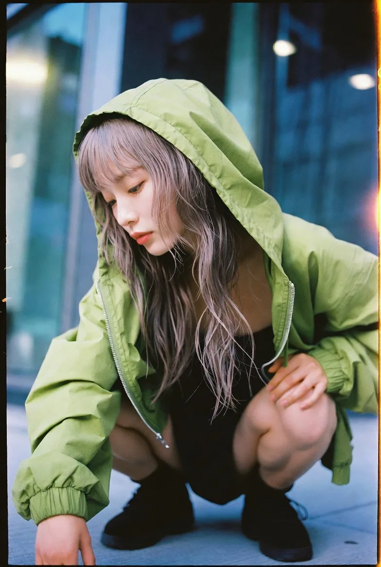 Neon green hoodie asian model manhattan fisheye — Sonra