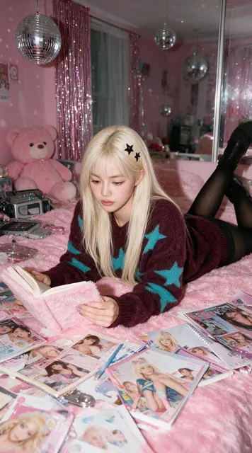 Ultra realistic y2k pink bedroom fashion photo