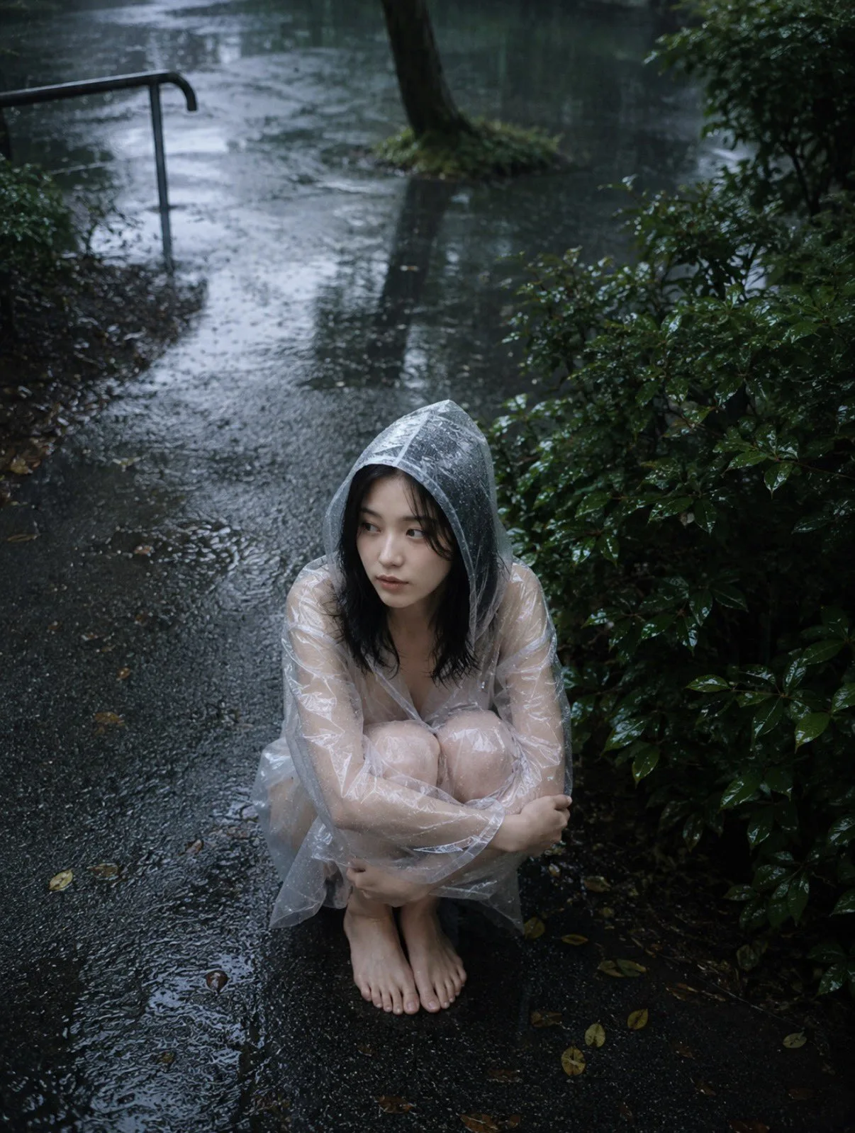 Transparent raincoat uneasy expression park rain — After