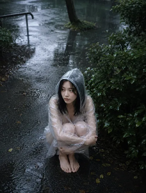 Transparent raincoat uneasy expression park rain