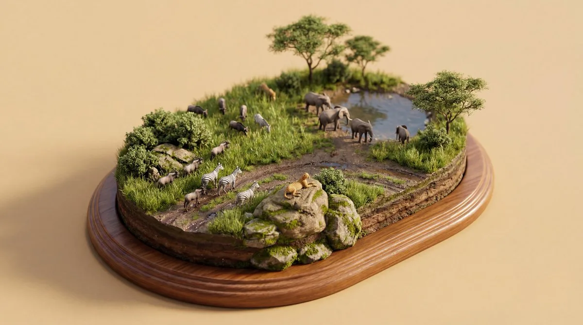 Isometric wildlife diorama — Sonra