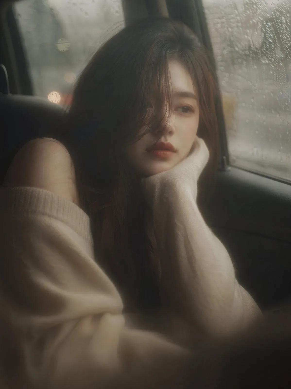 Cinematic portrait woman car dreamy misty — After