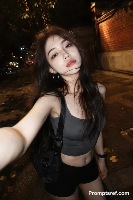 Photorealistic douyin style flash selfie night street