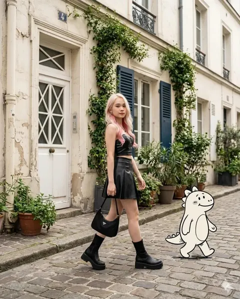 Photorealistic fashion street scene pink hair cartoon dinosaur