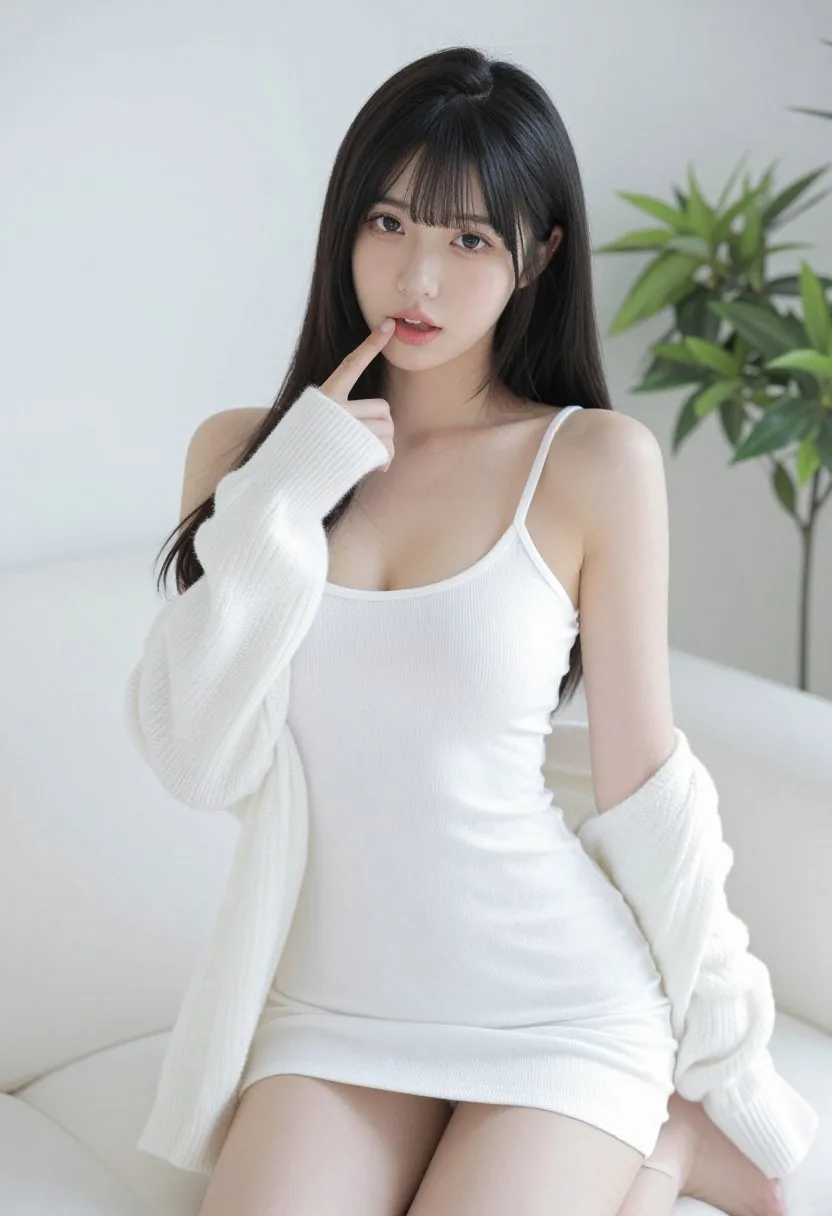 Japanese woman white mini dress white sofa — Sonra