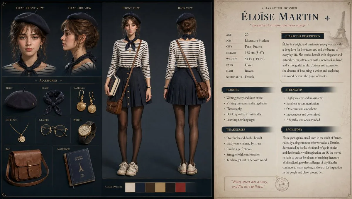 3d french student character sheet — Sonra