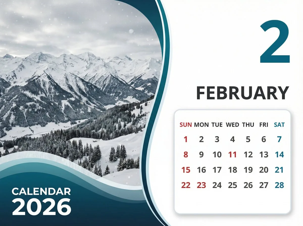 Minimalist winter alpine calendar 2026 — Sonra