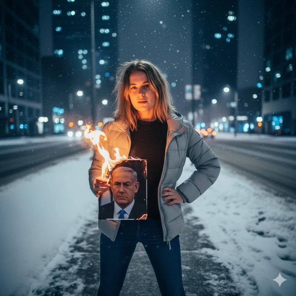 Rebellious girl lighting cigarette with burning photo in snow — Sonra